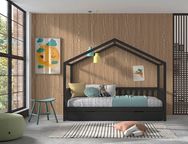 Antracitová domčeková detská posteľ z borovicového dreva s výsuvným lôžkom a úložným priestorom 90x200 cm DALLAS – Vipack