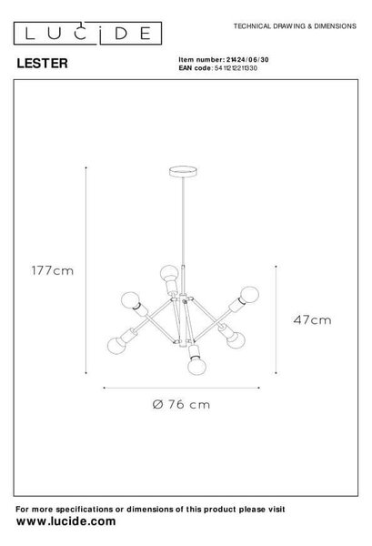 Lucide 21424/06/30 závesné stropné svietidlo Lester 6x40W | E27 - čierna, stmievateľné