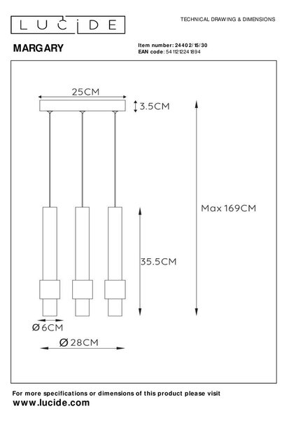 Lucide 24402/15/30 MARGARY závesné stropné svietidlo LED 3x4W | 1300lm | 2700K- čierna