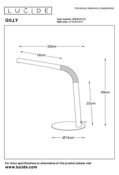 Lucide 36612/03/31 LED stolná lampička Gilly 1x3W | 240l | 2700K - biela, vypínač na kábli