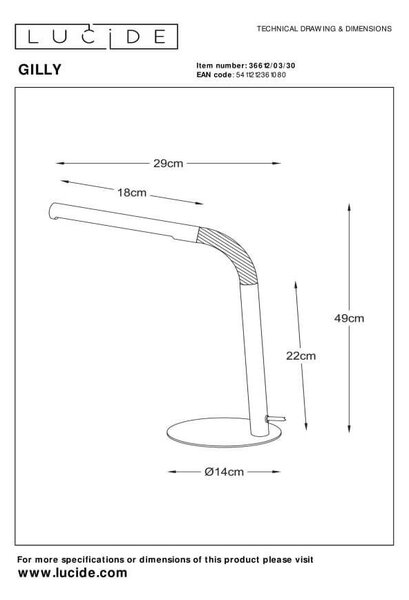 Lucide 36612/03/30 LED stolná lampička Gilly 1x3W | 240l | 2700K - čierna, vypínač na kábli