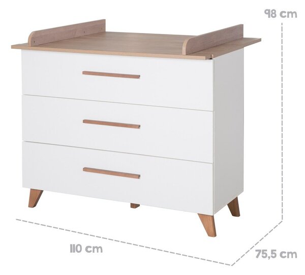 Nízka detská komoda v dekore duba s prebaľovacím pultom v bielo-prírodnej farbe 110x98 cm – Roba