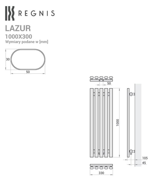 Regnis Lazur LA, vykurovacie teleso 330x1000mm so stredovým pripojením 50mm, 428W, čierna matná, LAZURLA/1000/330/D5/BLACK