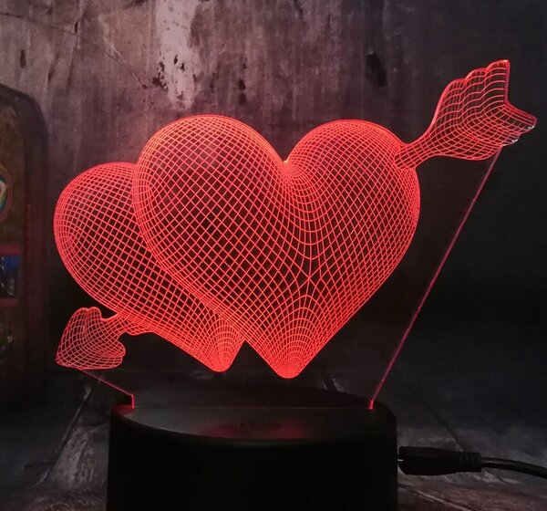 Beling 3D lampa, Prepichnuté srdcia, 7 farebná S368