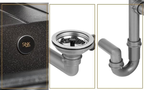 Sink Quality Ferrum, kuchynský granitový drez 770x450x190 mm + zlatý sifón, čierna, SKQ-FER.C.1KDO.XG