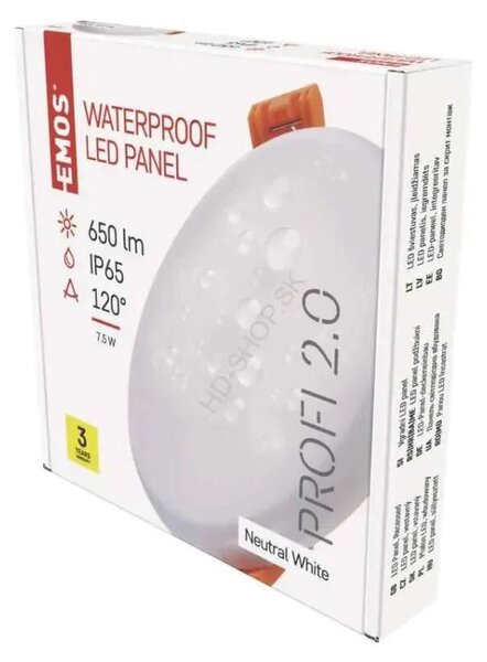 Vodeodolný LED panel VIXXO 100mm, kruhový vstavaný biely, 7,5W neut. biela, IP65 (ZV1122)