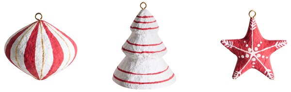Sada 12 vianočných ozdôb na stromček biela červená papier-mâché závesné dekorácie Vianoce