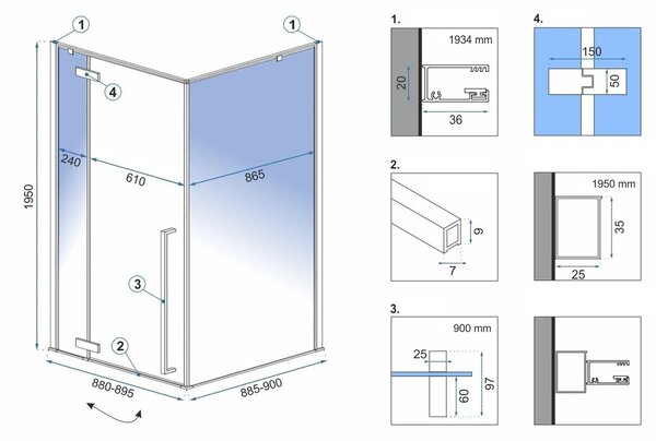 Štvorcový sprchovací kút REA FARGO 90x90 cm, čierny matný/transparent - bez vaničky
