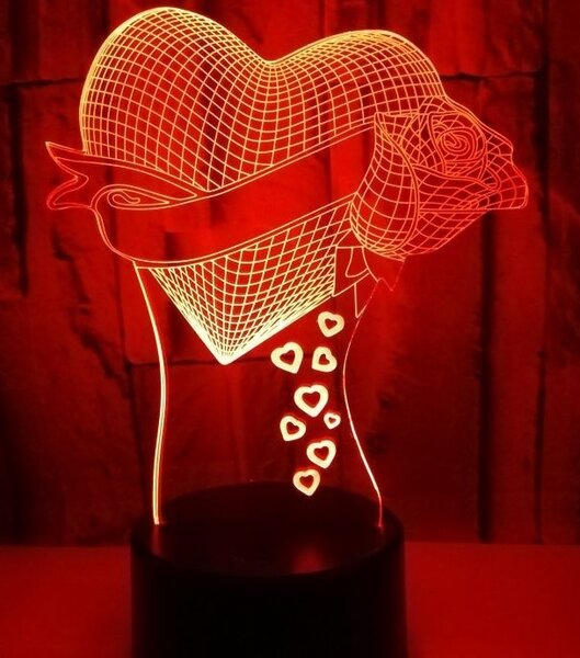 Beling 3D lampa, Ruža zo srdcom, 7 farebná S30KW7