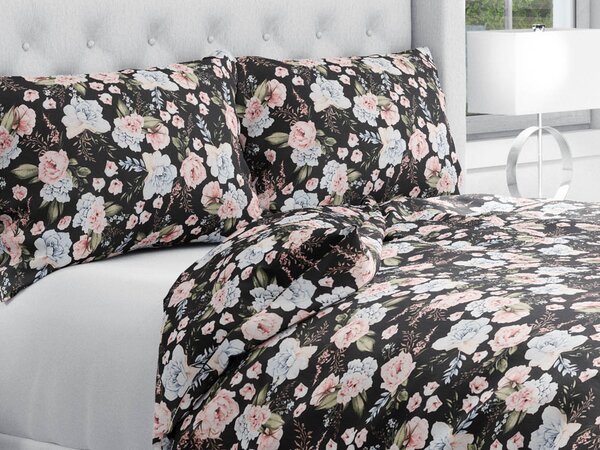 Biante Bavlnené posteľné obliečky Sandra SA-449 Modro-ružové kvety na čiernom Predĺžené 140x220 a 70x90 cm