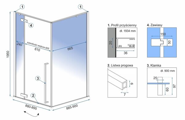 Štvorcový sprchovací kút REA FARGO 90x90 cm, zlatý/transparent - bez vaničky