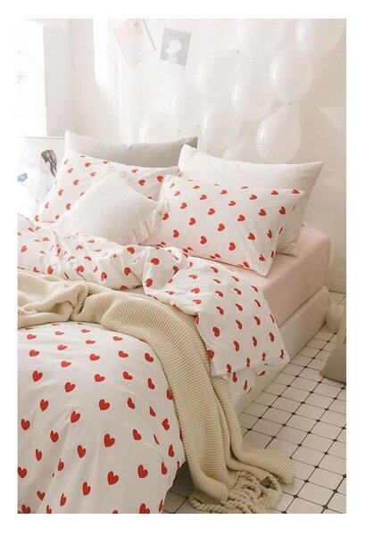 Krémové 4-dielne predĺžené obliečky na dvojlôžko z bavlny Renforcé s plachtou 200x220 cm Mini Hearts – Mila Home