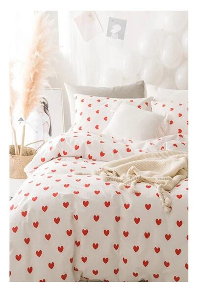 Krémové 4-dielne predĺžené obliečky na dvojlôžko z bavlny Renforcé s plachtou 200x220 cm Mini Hearts – Mila Home