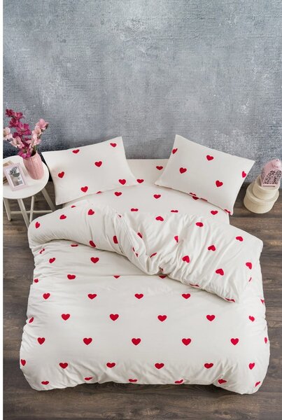 Krémové 4-dielne predĺžené obliečky na dvojlôžko z bavlny Renforcé s plachtou 200x220 cm Mini Hearts – Mila Home