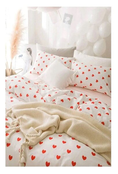 Krémové 4-dielne predĺžené obliečky na dvojlôžko z bavlny Renforcé s plachtou 200x220 cm Mini Hearts – Mila Home