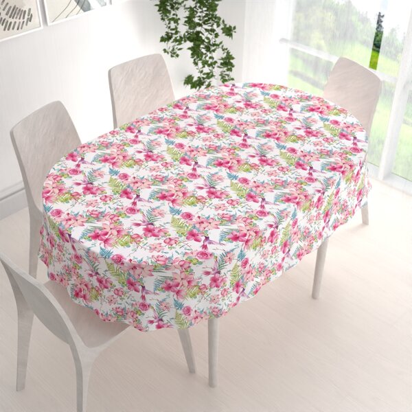 Biante Bavlnený oválny obrus Sandra SA-493 Kolibríky s ružovými kvetmi na bielom 50x100 cm
