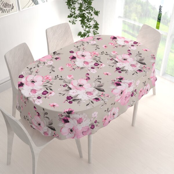 Biante Bavlnený oválny obrus Sandra SA-494 Veľké ružové kvety na svetlo sivobéžovom 50x100 cm