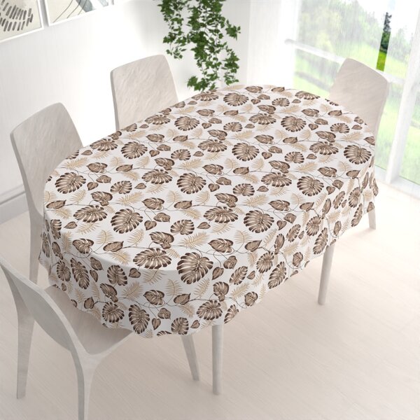 Biante Bavlnený oválny obrus Sandra SA-498 Hnedé listy monstery na bielom 50x100 cm