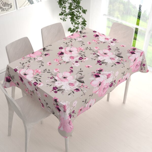 Biante Bavlnený obdĺžnikový obrus Sandra SA-494 Veľké ružové kvety na svetlo sivobéžovom 50x100 cm