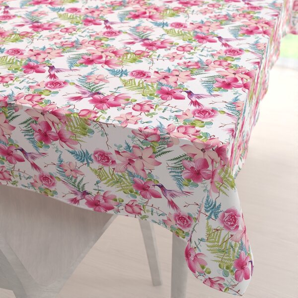 Biante Bavlnený obdĺžnikový obrus Sandra SA-493 Kolibríky s ružovými kvetmi na bielom 50x100 cm