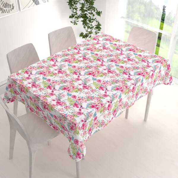Biante Bavlnený obdĺžnikový obrus Sandra SA-493 Kolibríky s ružovými kvetmi na bielom 50x100 cm