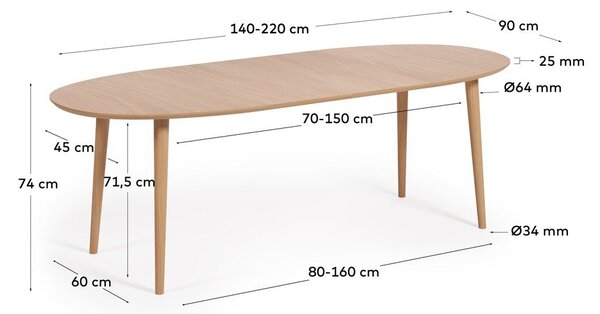 Rozkladací jedálenský stôl v dekore duba v prírodnej farbe 90x140 cm Oqui – Kave Home