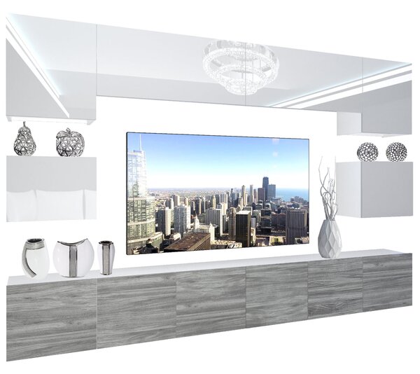 Obývacia stena Belini Premium Full Version biely lesk / šedý antracit Glamour Wood + LED osvetlenie Nexum 40