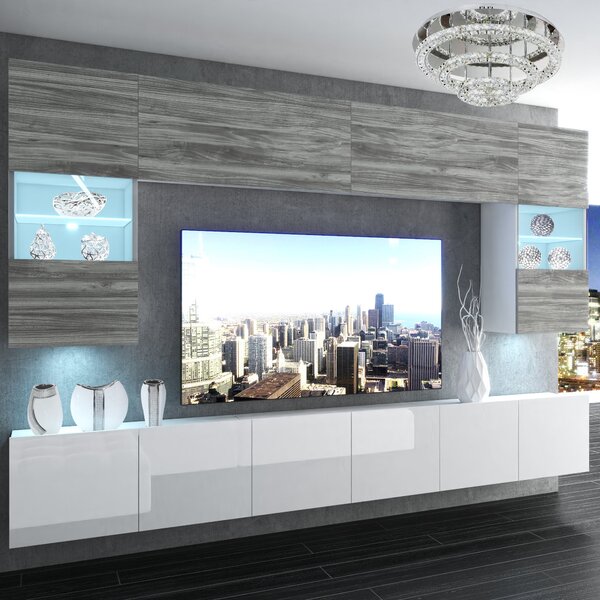Obývacia stena Belini Premium Full Version šedý antracit Glamour Wood / biely lesk+ LED osvetlenie Nexum 3