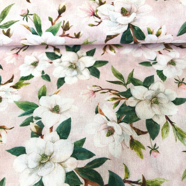 Ružová a biele kvety prémiová bavlnená látka