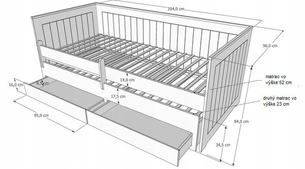 Raj posteli Detská posteľ HOMNES s prístelkou a zásuvkou 200x90 cm biela