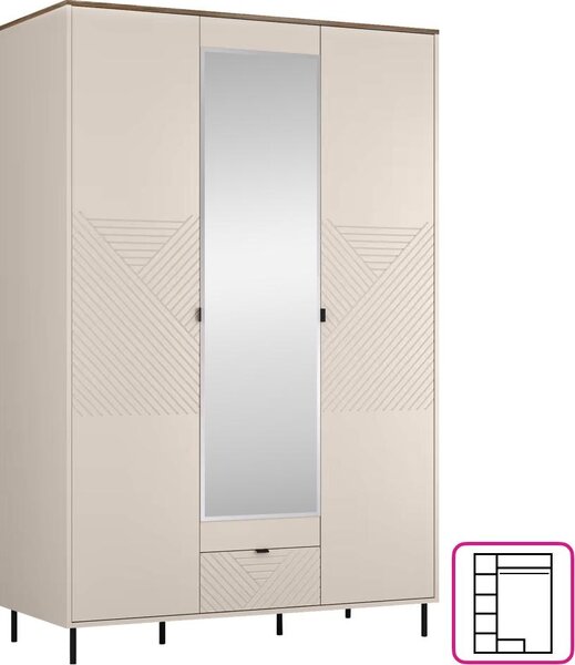 Kondela Trojdverová šatníková skriňa so zrkadlom Eyco 3D1S - kašmír / dub castello