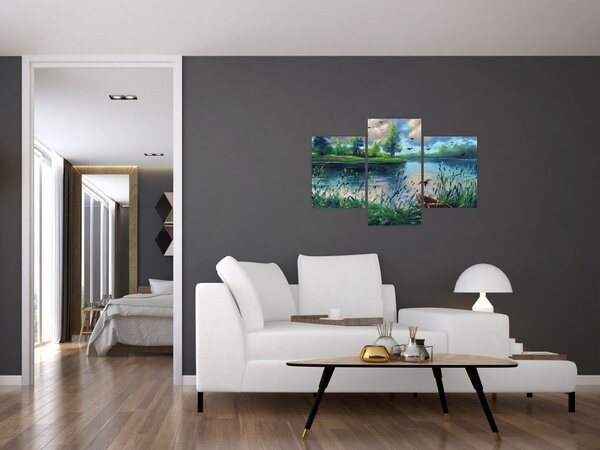 Obraz - Olejomaľba, Letný podvečer pri jazere (90x60 cm)