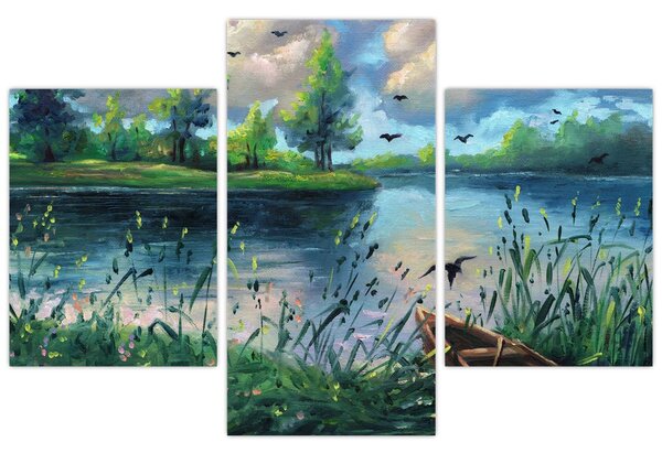 Obraz - Olejomaľba, Letný podvečer pri jazere (90x60 cm)