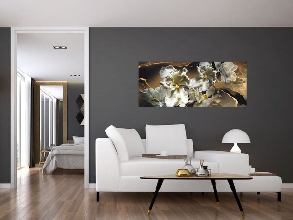Obraz - Kvety orchideí na mramorovom pozadí (120x50 cm)