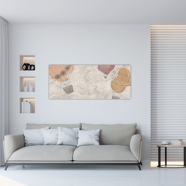 Obraz - Balóny nad mestom, teplé tóny (120x50 cm)