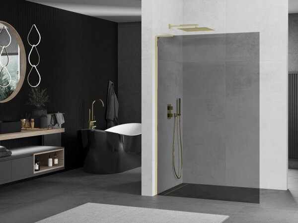 Mexen Kioto L, sprchová zástena Walk-In 110 x 200 cm, 8mm šedé sklo, zlato - 800-110-103-50-40