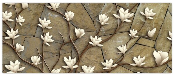 Obraz - Biele magnólie na kamennom murive (120x50 cm)
