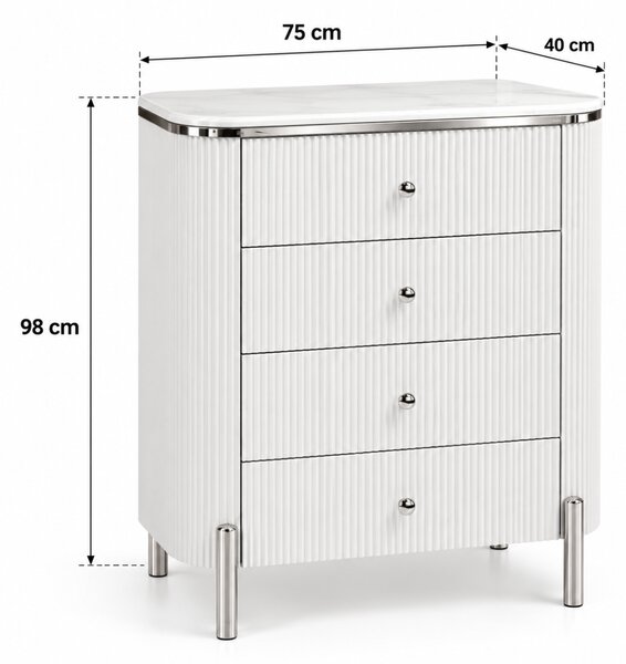 KOMODA GASTON 4S STRIEBORNÉ NOHY + BIELA + MRAMOR 75 cm
