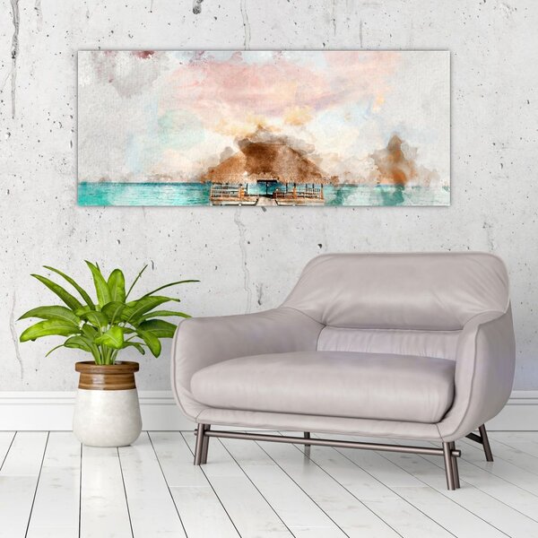 Obraz - Maledivy, drevené mólo (120x50 cm)