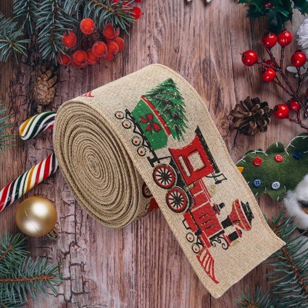 Vianočná stuha CHRISTMAS TRAIN 6,3 cm x 2 m, béžová