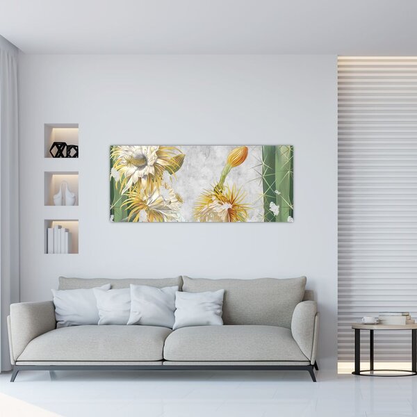 Obraz - Rozkvitnuté kaktusy, vintage (120x50 cm)