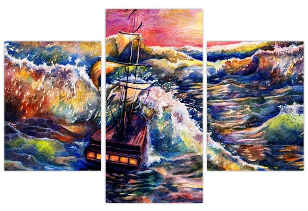 Obraz - Loď na oceánskych vlnách, aquarel (90x60 cm)