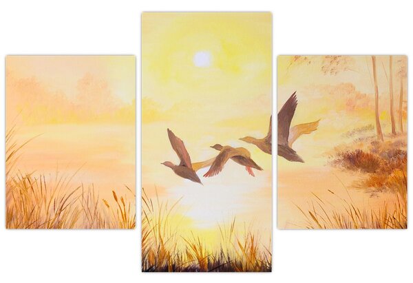 Obraz - Žeriavy pri západe slnka (90x60 cm)