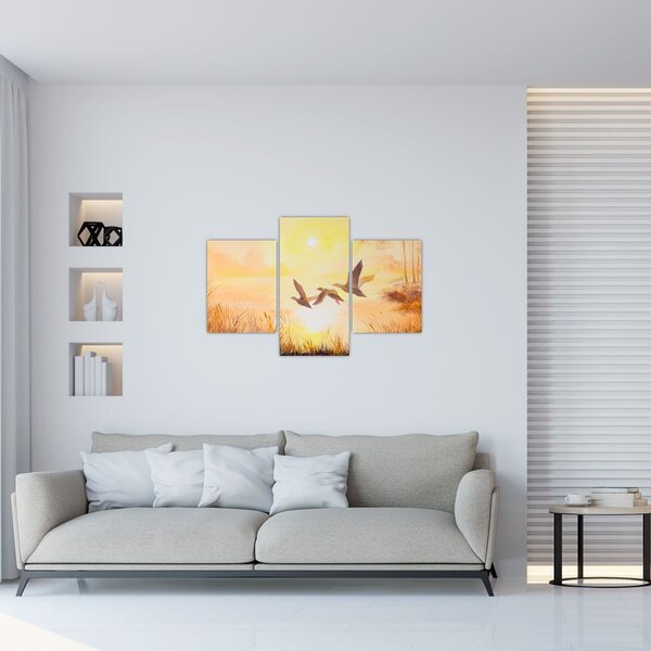 Obraz - Žeriavy pri západe slnka (90x60 cm)