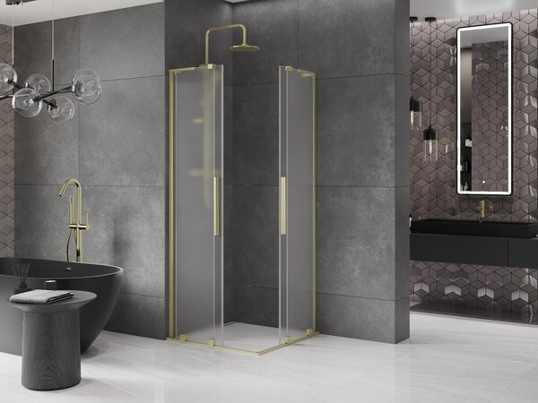 Mexen Velar L Duo, sprchový kút s posuvnými dverami 100 x 100 cm, 8mm sklo námraza, zlatá matná, 871-100-100-02-33-55