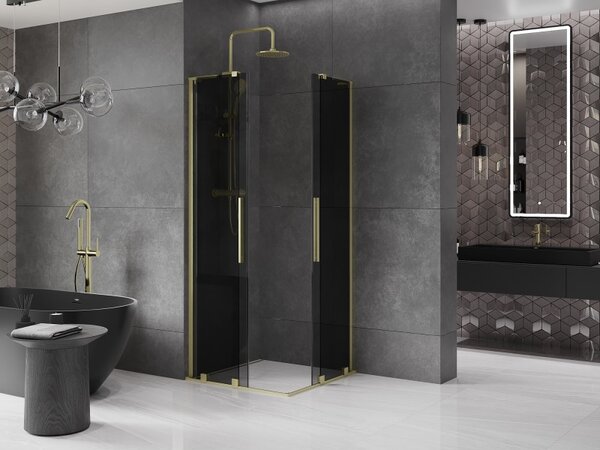 Mexen Velar L Duo, sprchový kút s posuvnými dverami 90 x 90 cm, 8mm šedé sklo, zlatá matná, 871-090-090-02-43-55