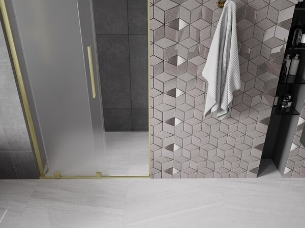 Mexen Velar L, posuvné sprchové dvere do otvoru 90 cm, 8mm sklo námraza, zlatá matná, 871-090-003-31-55