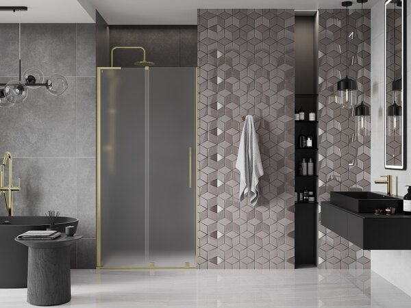 Mexen Velar L, posuvné sprchové dvere do otvoru 90 cm, 8mm sklo námraza, zlatá matná, 871-090-003-31-55