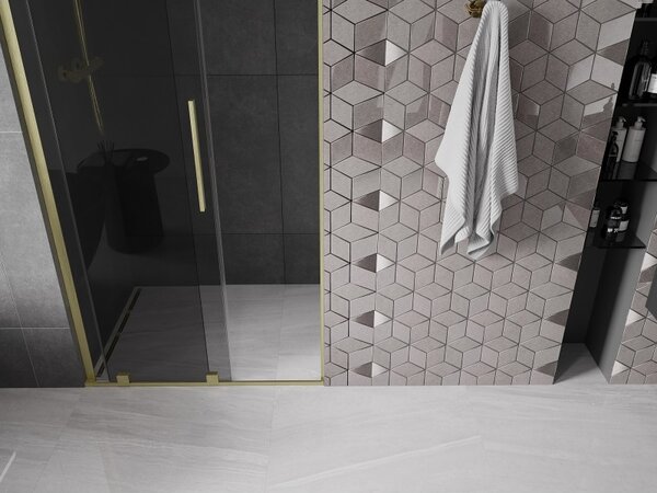 Mexen Velar L, posuvné sprchové dvere do otvoru 90 cm, 8mm šedé sklo, zlatá matná, 871-090-003-41-55