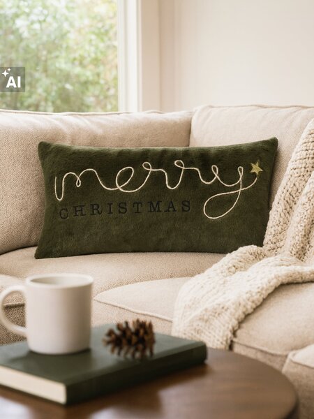 Sinsay - Dekoratívny vianočný vankúš s vyšívaným nápisom Merry Christmas - zelená
